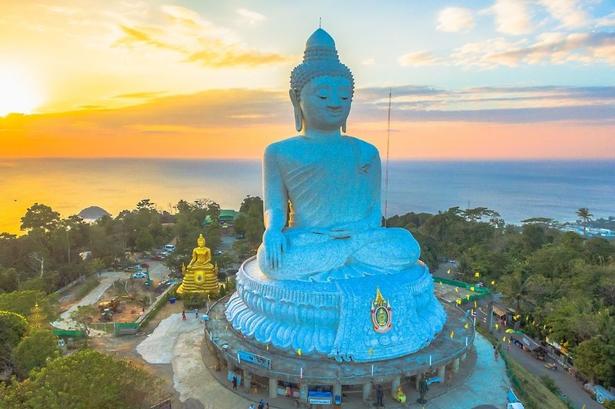 phuket big buddha overlooking the coast at dusk